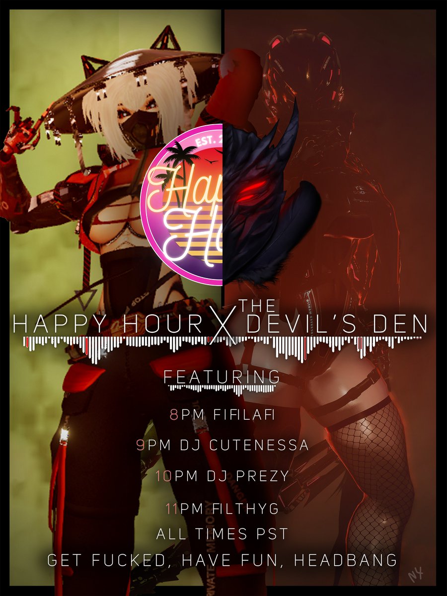 The Devil's Den (@thedevilsdenvr) on Twitter photo We're partying hard tonight with Happy Hour. Join us for heavy and rough EDM in the den.
Doors open at 8pm pst, 10pm cst, 11pm est, in the vru.
Join the Happy Hour Group to attend.
vrc.group/HAPPY.0153
vrc.group/DVLDEN.7969
<a href="/VRUnderground/">VRUnderground</a> <a href="/VRChatPartyHub/">VRC Party Hub</a> We're partying hard tonight with Happy Hour. Join us for heavy and rough EDM in the den.
Doors open at 8pm pst, 10pm cst, 11pm est, in the vru.
Join the Happy Hour Group to attend.
vrc.group/HAPPY.0153
vrc.group/DVLDEN.7969
<a href="/VRUnderground/">VRUnderground</a> <a href="/VRChatPartyHub/">VRC Party Hub</a>