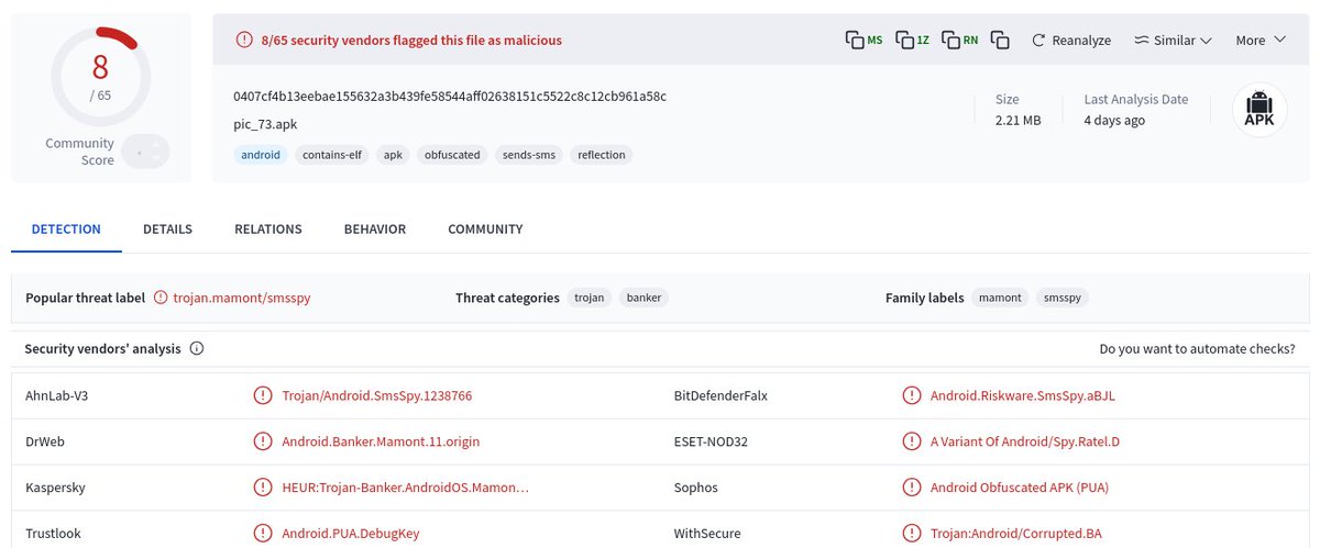 "pic_73.apk": 0407cf4b13eebae155632a3b439fe58544aff02638151c5522c8c12cb961a58c
5.252.155[.]145