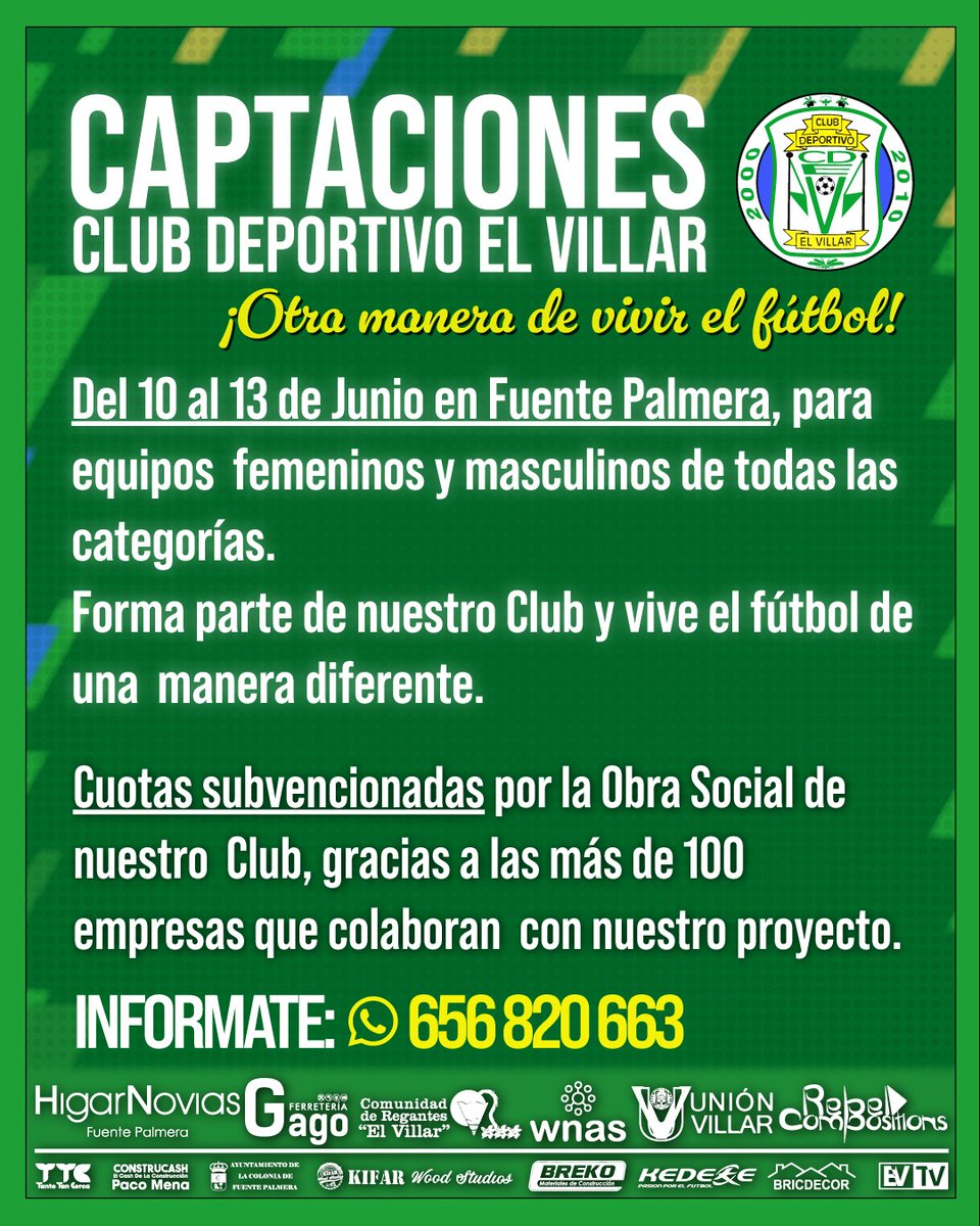 En Fte. Palmera🇳🇬
Martes y Viernes 20:00 Senior y Juvenil masculinos 2009 y anteriores
Miércoles 19:00 Féminas de todas las categorías Jueves resto de categorías masculinas; 19:00  Prebenjamín y Benjamin 19/18/17/16
20:00 Alevín e Infantil 15/14/13/12
21:00h. Cadetes 11/10