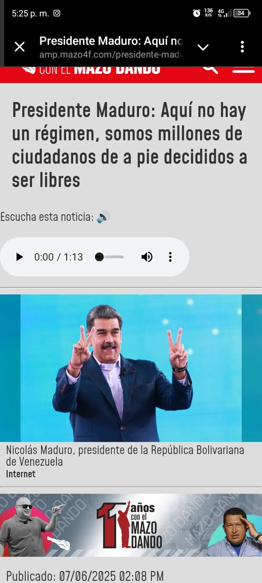 El presidente de la República Bolivariana de Venezuela, Nicolás Maduro, destacó, a través de su canal en Telegram, que en Venezuela no existe un régimen, sino millones de ciudadanos comprometidos con la libertad y la transformación social.

"Aquí no hay ningún régimen; no es