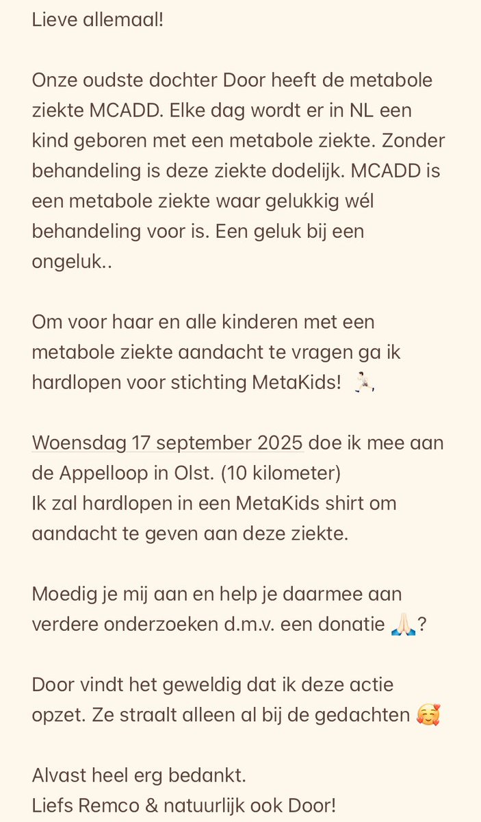 Moedig je mij aan en help je daarmee aan verdere onderzoeken d.m.v. een donatie🙏🏻?

Hieronder een open tikkie. 
Hardlopen voor ‘MetaKids’

tikkie.me/pay/lf8chij22e…

Voel je vrij, alle kleine beetjes helpen ❤️

Een retweet mag altijd!

#MetaKids 
#Stofwisselingsziekte 
#MCADD