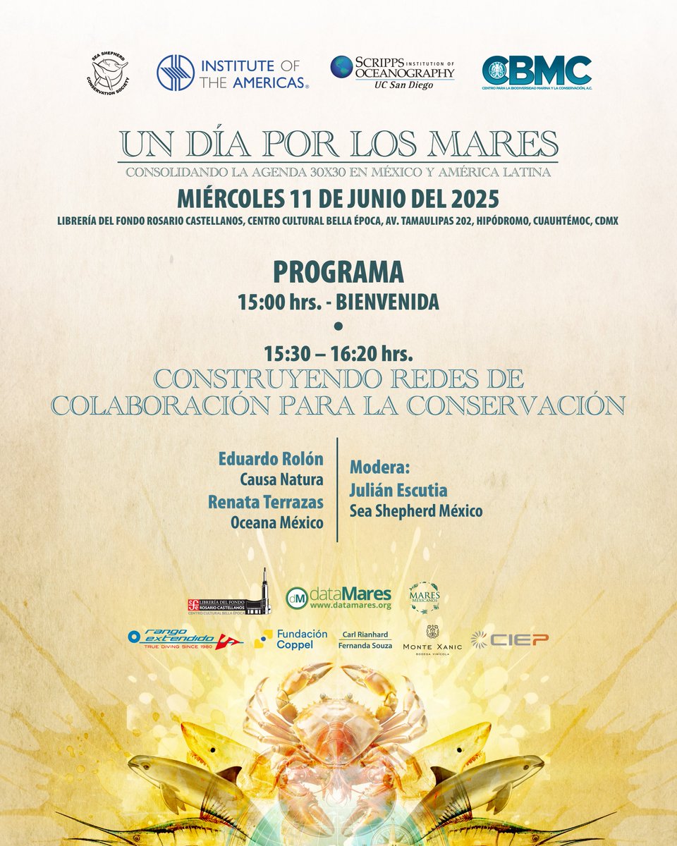 Comenzamos con una plática con <a href="/JulianEscutia/">Julián Escutia</a>, <a href="/Renaterra_zas/">Renata</a> y Eduardo Rolón para conocer sobre su importante trabajo protegiendo la biodiversidad marina.

Más detalles y registro: datamares.org/un-dia-por-los…