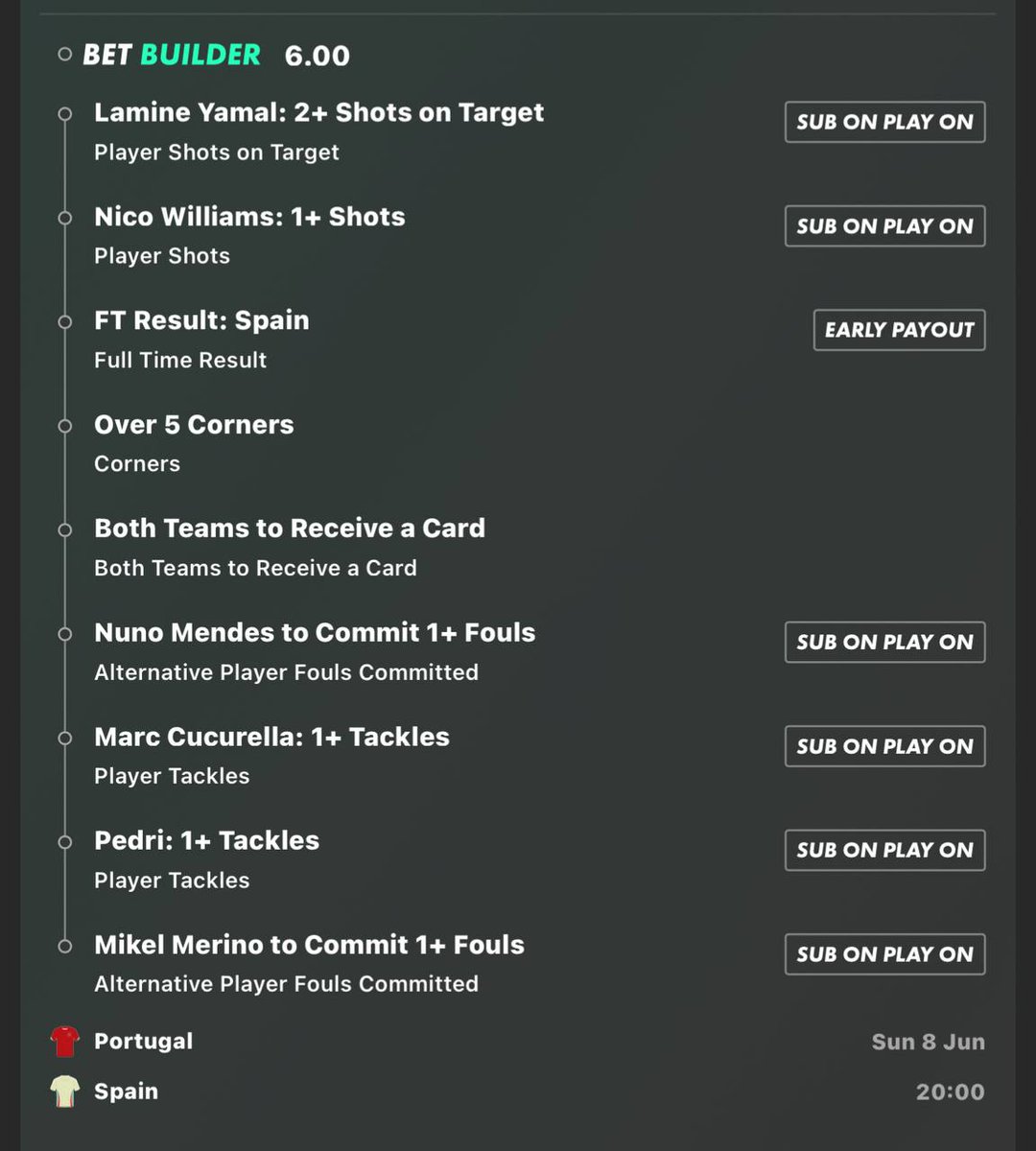😍  OH YES… free £200 cash Giveaway!!
Champions league long-shot of all time 🤪

If this Portugal vs Spain bet builder lands, we’ll give away £200 free cash!

👉 £100 to someone who LIKES this tweet.
👉 £100 to someone who RETWEETS this tweet.

Must be following us. Ready? Go!