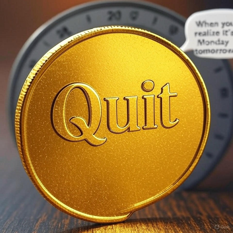 Ralphboy25's tweet photo. "Just earned my #QuitCoin after quitting my job today! 🎉 Freedom feels good—until Monday hits! 😂 #MemeCoin #QuitLife #Humor" @_Quitcoincrypto https://t.co/URhfTHhzqS
