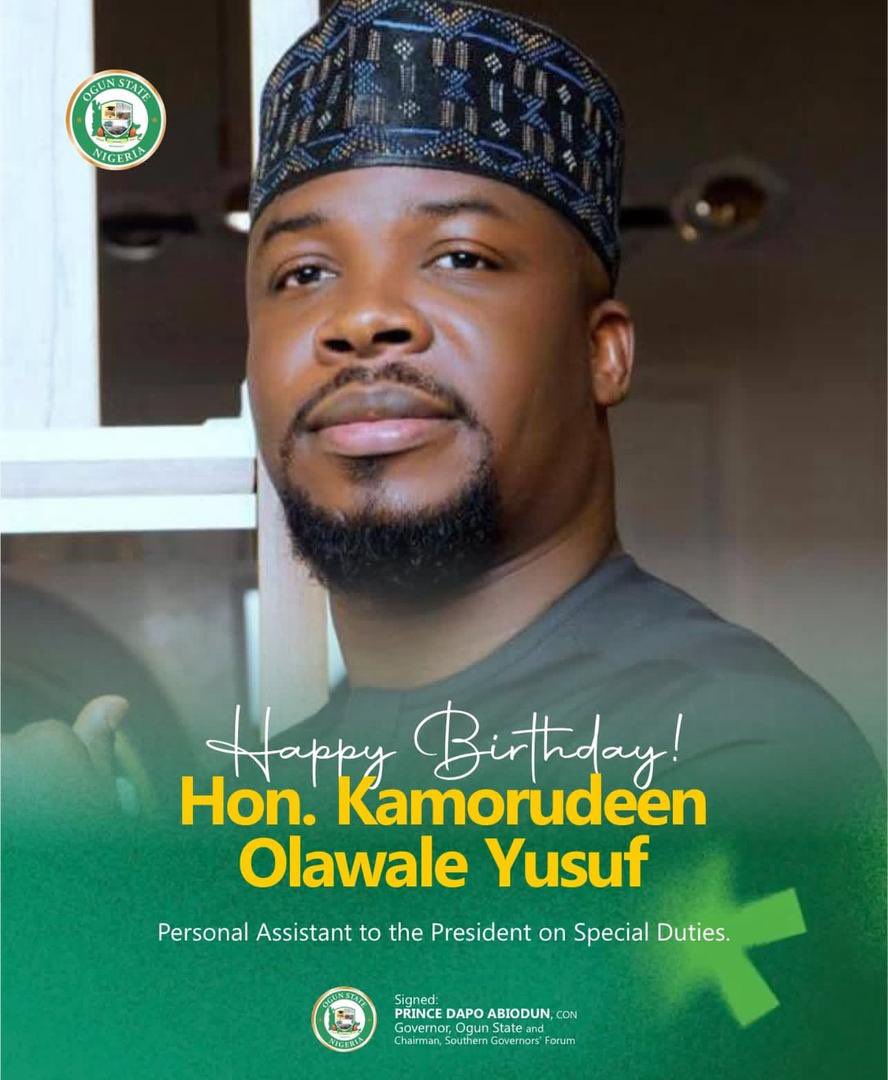 Abdulrasaq T. Ahmed (@omo_ameerah) on Twitter photo Happy Birthday <a href="/KamorYusuf/">Kamorudeen Olawale Yusuf (Kamosky)</a> Distinguished Leader and the most humble man on health. Honorable Kamorudeen Olawale Yusuf Akanni…
The Personal Assistant to the President of Nigeria on Special Duties Happy Birthday <a href="/KamorYusuf/">Kamorudeen Olawale Yusuf (Kamosky)</a> Distinguished Leader and the most humble man on health. Honorable Kamorudeen Olawale Yusuf Akanni…
The Personal Assistant to the President of Nigeria on Special Duties