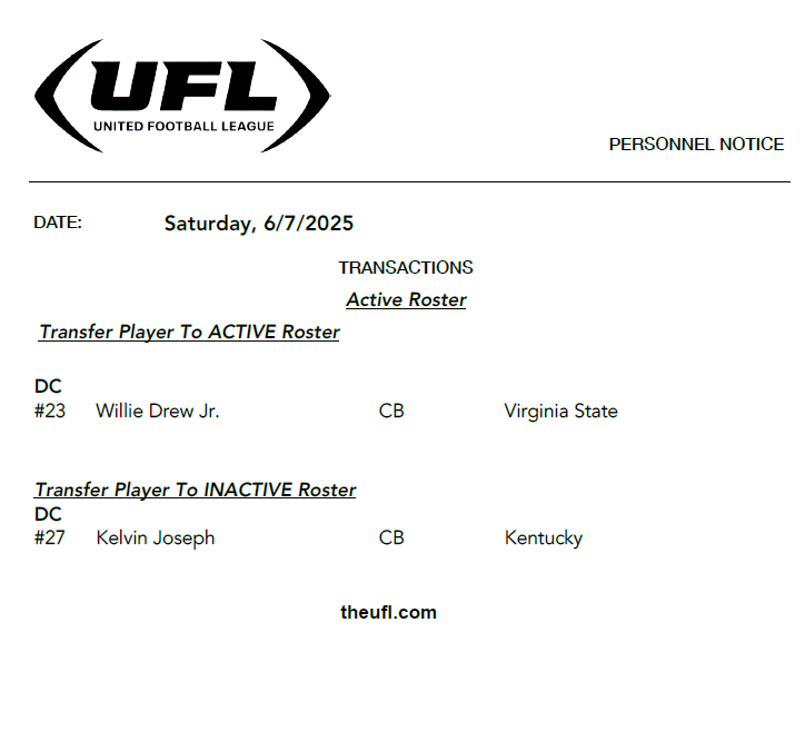 The #UFL has announced the following transactions for Saturday, June 7