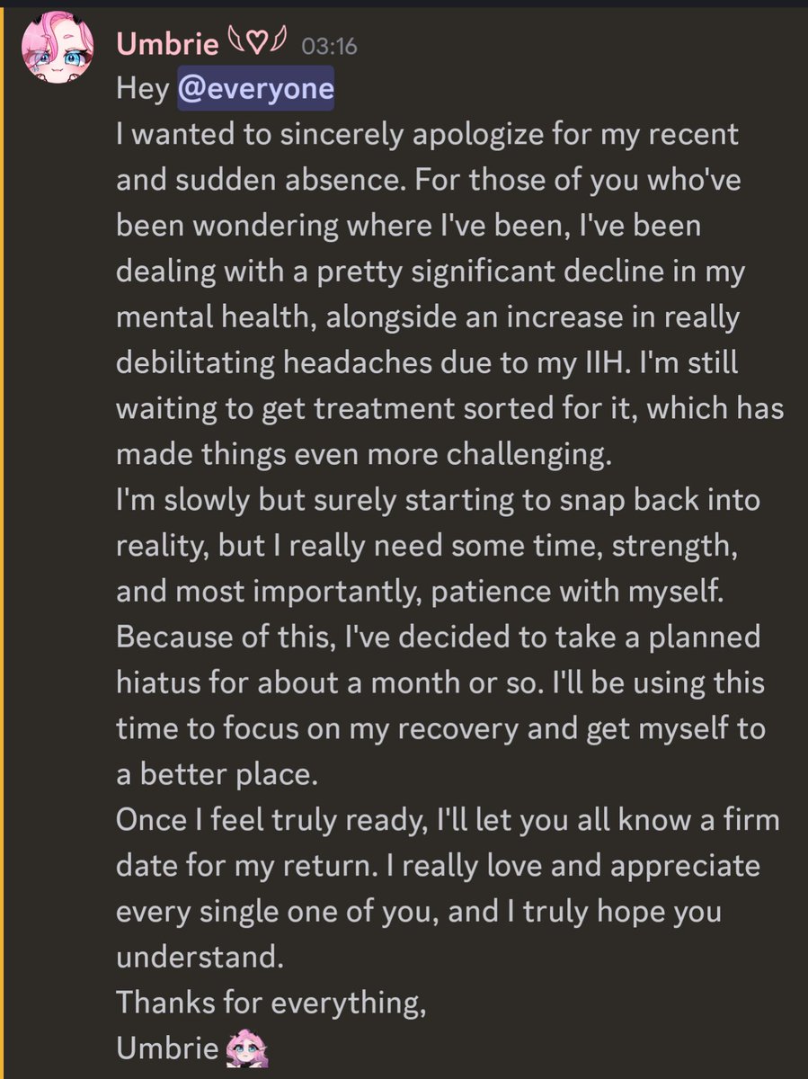 I'm going on a official hiatus from vtubing... But when I'm back the small vtubers discord server will be ready for all. 

Members are being accepted at a much slower pace right now as it's only me. If anyone is interested in applying for community mod (not discord), please hmu