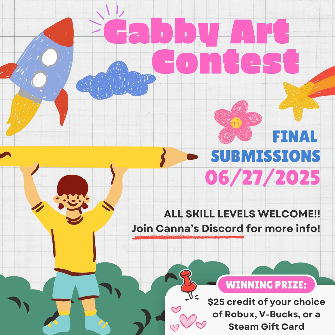 CannaYaps's tweet photo. 20 Days Left!! I'm running an art contest for the art of Gabby 💕 
Whether you consider yourself an artist or not, JOIN! $25 prize (you choose!) The winner will be chosen by 3 judges.
Join my Discord for rules &amp; more info! 
https://t.co/2gv4hBgAQN https://t.co/pjH5IkKyMC