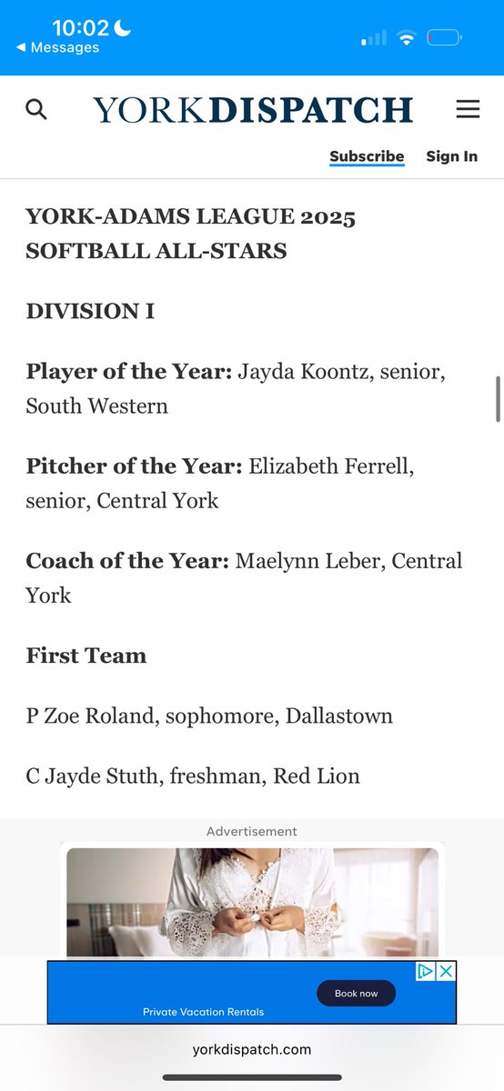 ElizabethF1553's tweet photo. Today I was named Division 1 York-Adam’s Pitcher of the Year. Grateful is an understatement! I look forward to continuing to work this summer and preparing for my senior season next year! https://t.co/Tg9jHwTIeG