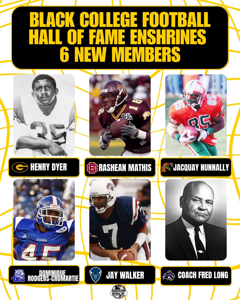 LightOnSports's tweet image. The Black College Football Hall of Fame enshrined six new members tonight:

• Henry Dyer, Fullback (Grambling State)
• Rashean Mathis, DB (Bethune-Cookman)
• Jacquay Nunnally, WR (FAMU)
• Dominique Rodgers-Cromartie, DB (Tennessee State)
• Jay Walker, QB (Howard)
• Coach…