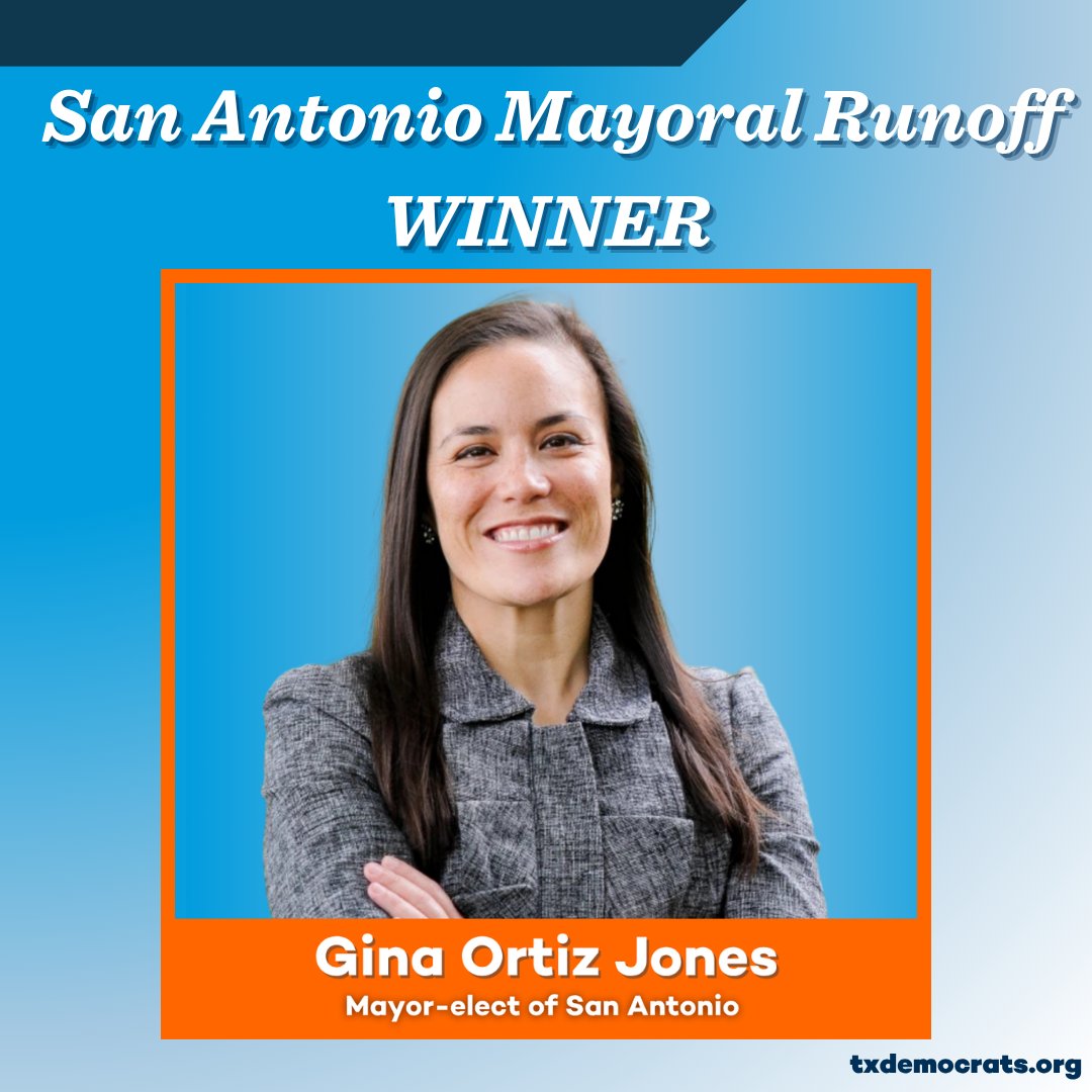 Congratulations to Mayor-elect Gina Ortiz Jones! 

A proud military veteran, she’s exactly the leader San Antonio needs.

She’ll be a mayor for all San Antonians — not one bought and paid for by Greg Abbott.