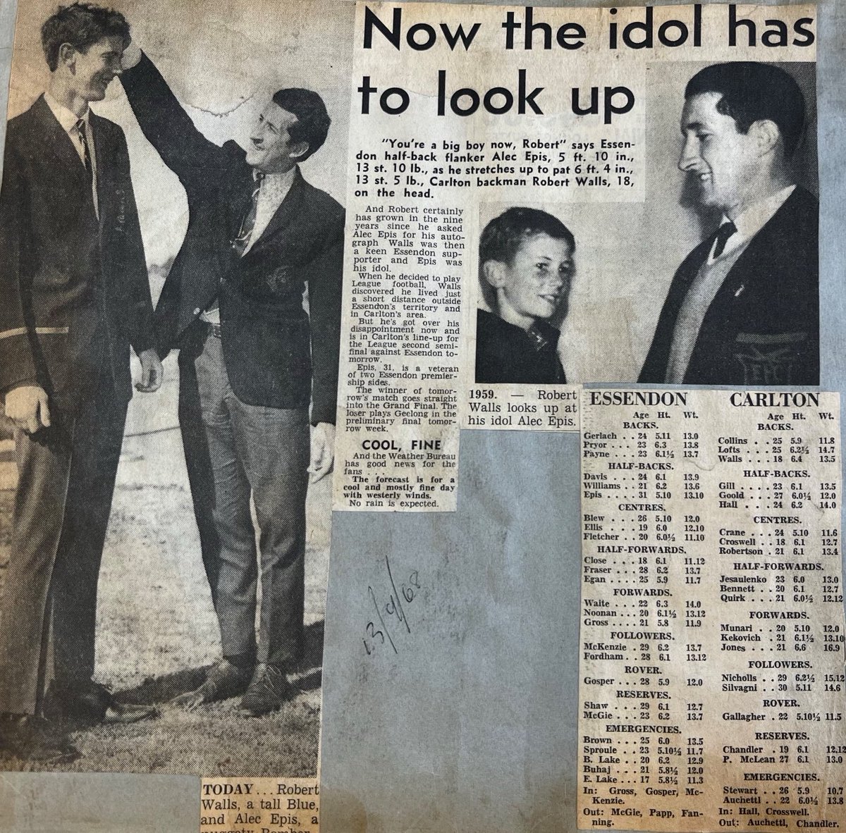 tony_debolfo's tweet image. “You’re a big boy now, Robert.”
On the eve of the 1968 Carlton-Essendon second-semi, Alec Epis and the late Robert Walls again cross paths, nine years after Master Walls landed his hero’s autograph.