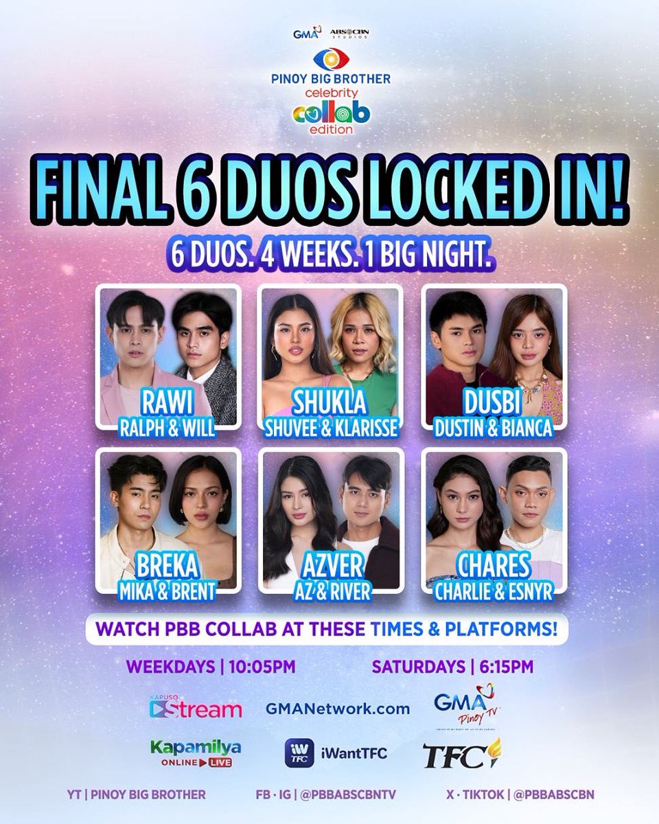 PBBabscbn's tweet photo. THEY ARE LOCKED IN AND READY! 🔥🙌🏻

In 4 weeks, we're on our way to the Big Night! Masasaksihan na natin kung ano ang in-store para sa Final 6 Duos. Handa na silang harapin ang mga hamon ni Kuya. 💪🏻

Abangan ang mga Final Duos sa loob ng Bahay ni Kuya! Patuloy lang sumubaybay sa PBB Celebrity Collab Edition gabi-gabi! 🏡👁

🕙 Weekdays - 10:05PM
🕕 Saturdays - 6:15PM

👉🏻 Watch on GMA, Kapuso Stream, https://t.co/2xAr3Ibri3, GMA Pinoy TV, Kapamilya Online Live, iWantTFC, at TFC! 📲💻✨