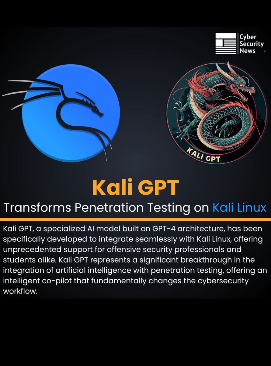 🛠️ Kali GPT
نقلة نوعية في اختبارات الاختراق:
نموذج ذكاء اصطناعي مبني على GPT-4، مدمج مباشرة مع Kali Linux، يساعد في توليد الأوامر، تحليل النتائج، وتطوير السكربتات.

📌 قوة إضافية للمختبرين، لكن مسؤولية أعلى في الاستخدام.

#KaliGPT #RedTeam #CyberSecurity #الامن_السيبراني