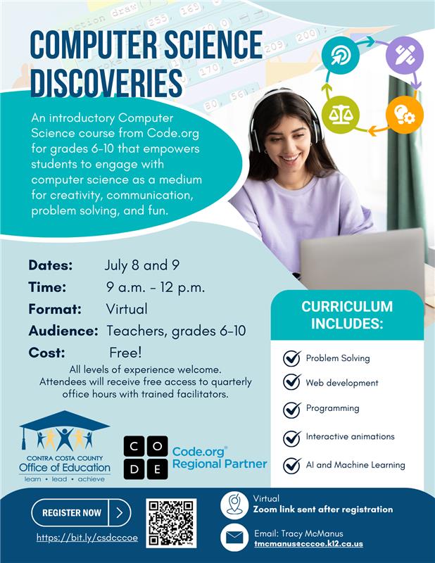 CoCoSchools's tweet image. 🌟 Join us for a FREE virtual Computer Science Discoveries workshop on July 8 & 9, 2025! Register: bit.ly/csdscccc #ProfessionalDevelopment #ComputerScience #CodeOrg