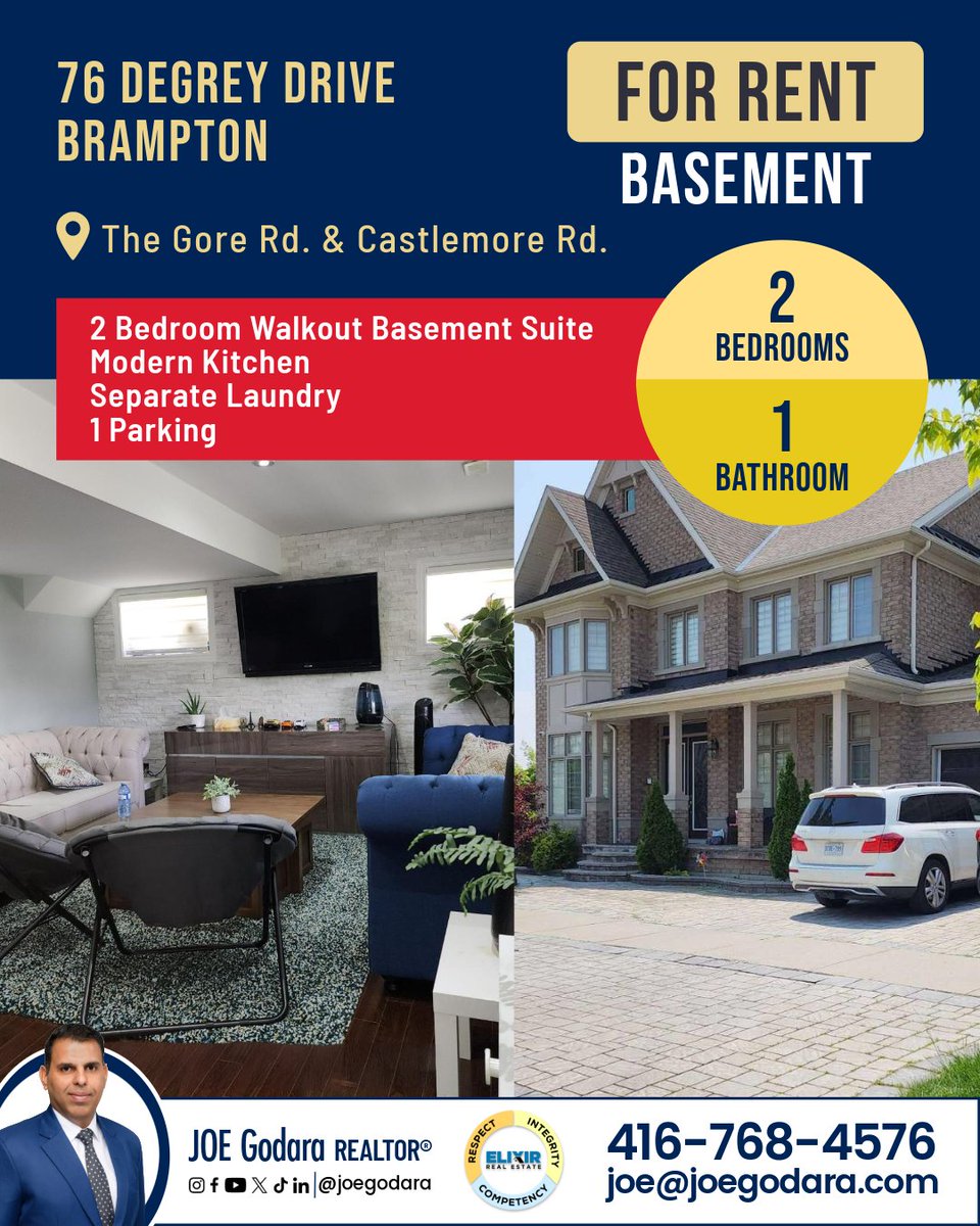 JoeGodara's tweet image. Basement For Rent - $2,200/Monthly
76 Degrey Drive Brampton

2 Bedroom Walkout Basement Suite
Modern Kitchen
Separate Laundry
1 Parking

Contact:
Joe Godara
416-768-4576
mailto:joe@joegodara.com

#brampton #basementforrent #elixirrealestate #joegodara