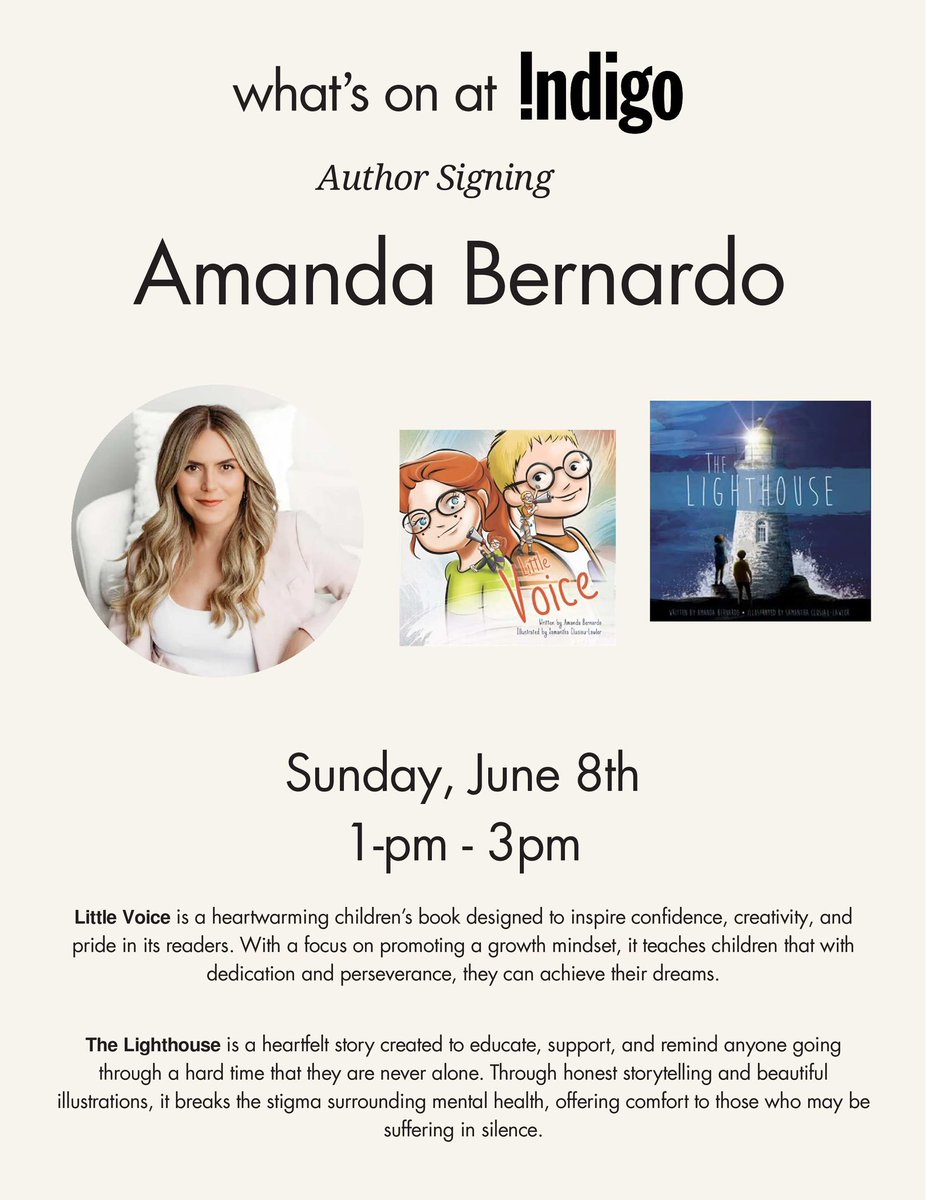 Amanda Bernardo (@amandabernardo) on Twitter photo After a year of being away from #book signings, I’m looking forward to being back with <a href="/IndigoPinecrest/">Indigo Pinecrest</a> to share my books with the #Ottawa community!
If you’d like to learn more about Little Voice and The Lighthouse, and a sneak peek of The Road to You, I’ll see you there! After a year of being away from #book signings, I’m looking forward to being back with <a href="/IndigoPinecrest/">Indigo Pinecrest</a> to share my books with the #Ottawa community!
If you’d like to learn more about Little Voice and The Lighthouse, and a sneak peek of The Road to You, I’ll see you there!