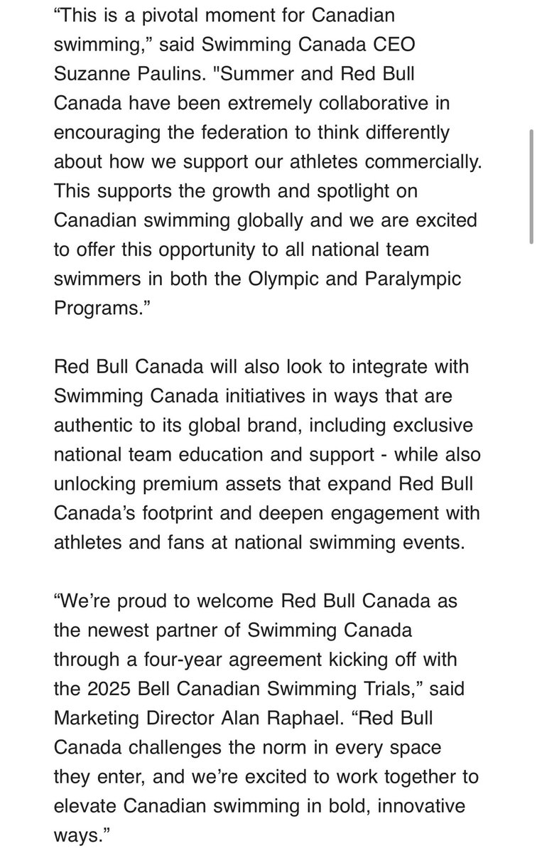 Devin_Heroux's tweet photo. THE SUMMER MCINTOSH EFFECT 

Swimming Canada just announced a groundbreaking new partnership with Red Bull Canada.

The move was unlocked through collaboration between Swimming Canada, Red Bull Canada, and Olympic and world champion Summer McIntosh.

More details below: https://t.co/J44Xtkho2N