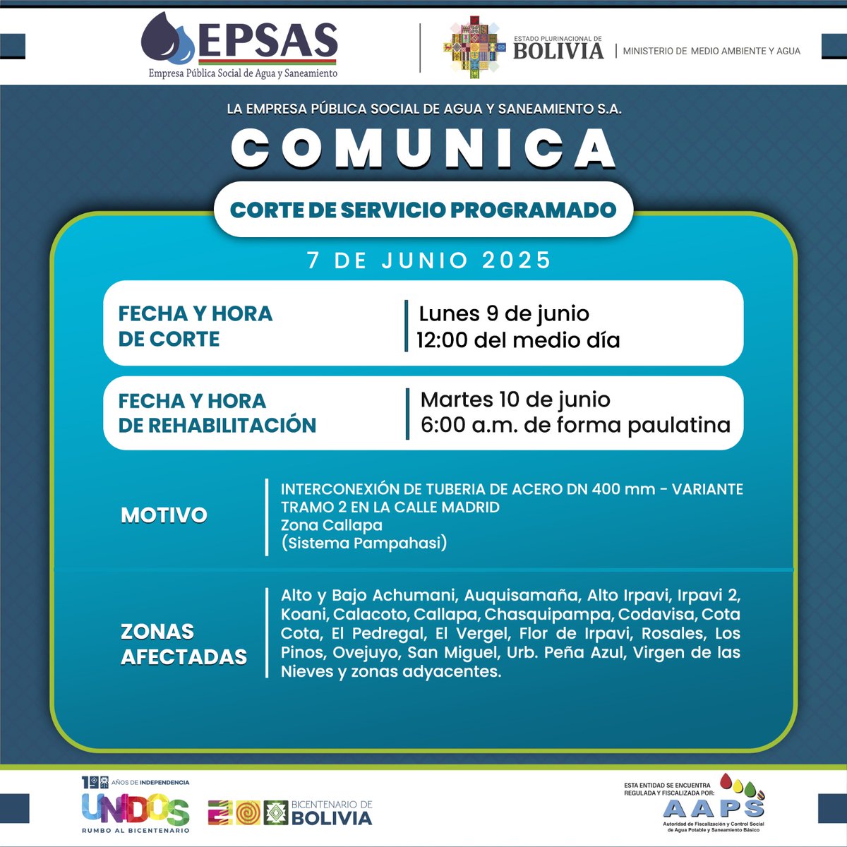 ContBolivia's tweet image. #Sociedad | #EPSAS informa sobre el corte de servicio programado para el lunes 9 de junio en la zona Sur