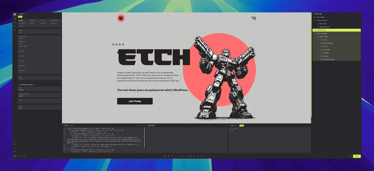 I've used most builders over the years, but I have to say playing around with the early build of Etch for Wordpress from <a href="/thekevingeary/">Kevin Geary</a> is just a joy - interface is so nice I just want to spend all my time in it. What I've always wanted and more.

And we're not even started yet