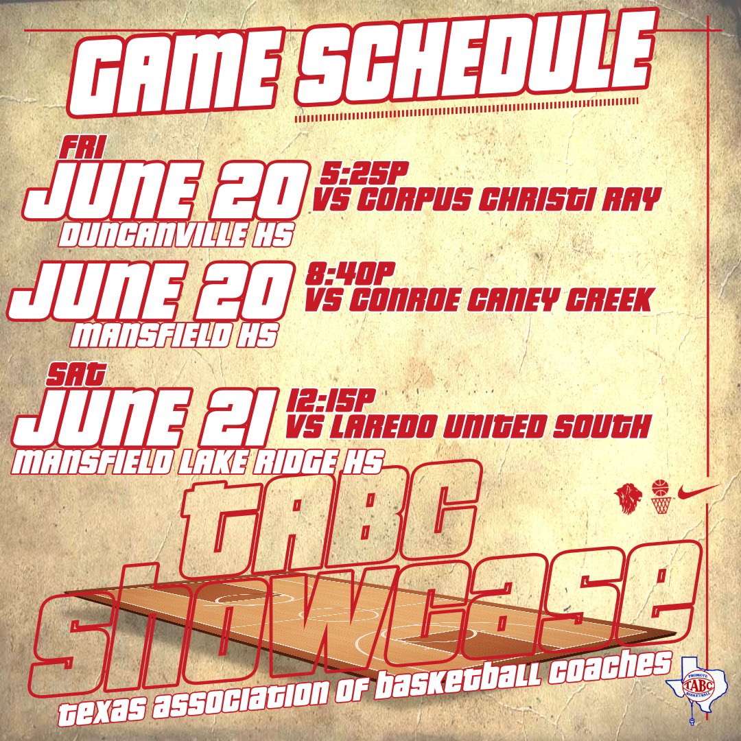 GFCSMBB's tweet image. 🚨TABC Showcase Schedule🚨
🗓️ June 20-21st
🆚 Corpus Christi Ray, Caney Creek, Laredo South United
📍 Duncanville HS, Mansfield HS, & Mansfield Lake Ridge
@Tabchoops
#CHP