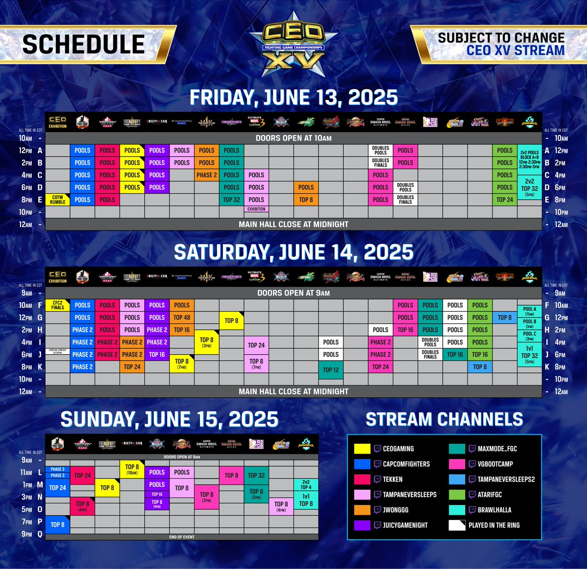 CEOGaming's tweet photo. ATTENTION #CEO2025 Competitors! 

Official Tournament Prelim Pools are now Public on https://t.co/LL9BKmhFrd

You have until this Monday night (6/9) at 11:59 PM EDT to submit any feedback requests through here: 
https://t.co/q2rQyHaBOC https://t.co/NsCnRhzYx5