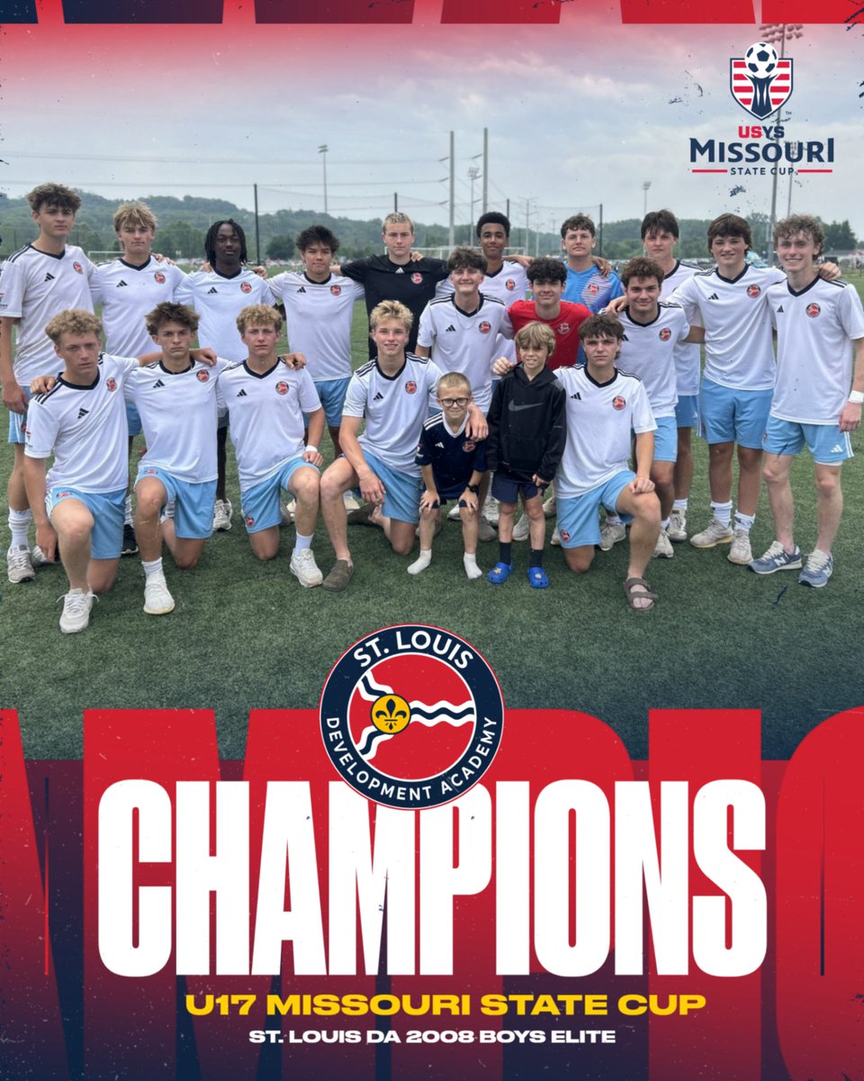 CHAMPIONS! 🏆🔥

Our St. Louis DA 2008 Boys Elite squad are your U17 Missouri State Cup Champions!

A massive shoutout to this group for their relentless work, grit, and belief all tournament long.

Let’s keep it rolling.

#DevelopTheLou | #StLouisDA | #StateChamps