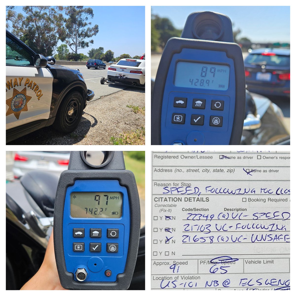🚨 Officer Mendez has been busy! 🚨

During our MEP, he’s issued multiple citations to drivers caught speeding—some clocked by the LIDAR. Speed kills, Slow down, Arrive alive!

📸 Citation + speed reading

#CHP #MEP #SpeedKills #RoadSafety #OfficerMendez #DriveSafe