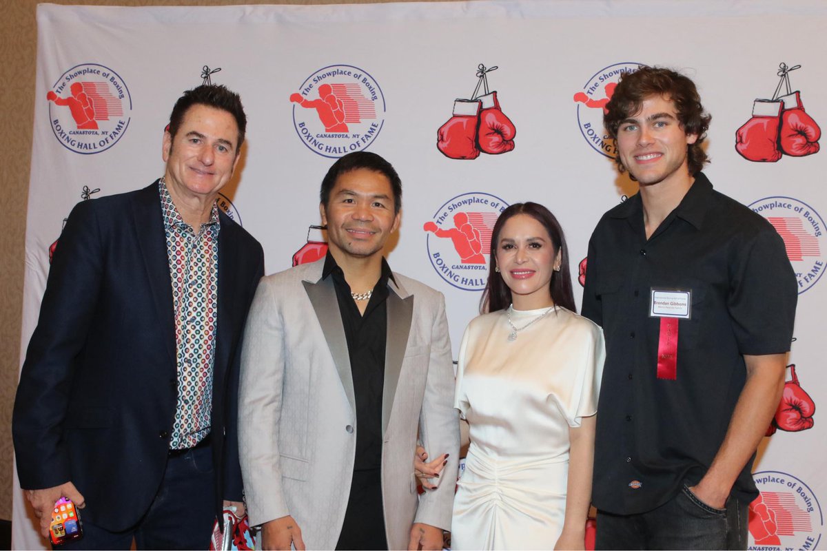 AJArietaPH's tweet photo. MP Promotions President @KnuckleheadSean and Viva Promotions Head Honcho Brendan Gibbons with the class of 2025 Boxing Hall of Fame inductee Manny Pacquiao and his wife Jinkee Pacquiao at the Showplace of Boxing in New York for the dinner night!
#BoxingHallOfFame #MPPromotions https://t.co/zXIgIYgaLE