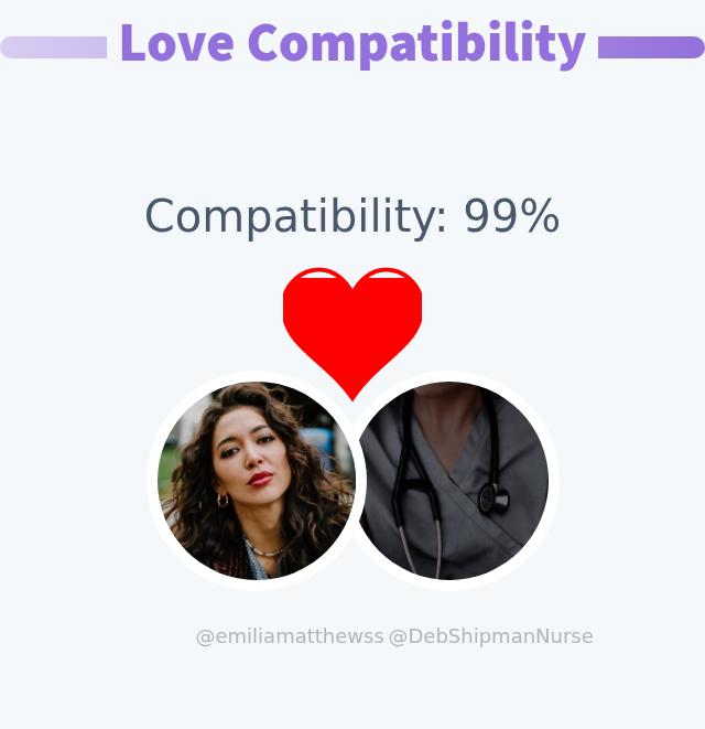 emiliamatthewss's tweet photo. My love compatibility with @DebShipmanNurse is 99%

➡️ https://t.co/VRLCKOiro6 https://t.co/nL4rbxG8Ho