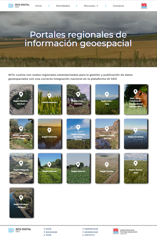 La base de información que ofrece dispone de datos tanto a nivel nacional como regional. Se accede  a través de su visor interactivo y de los geoportales regionales geo.inta.gob.ar/geoportales/