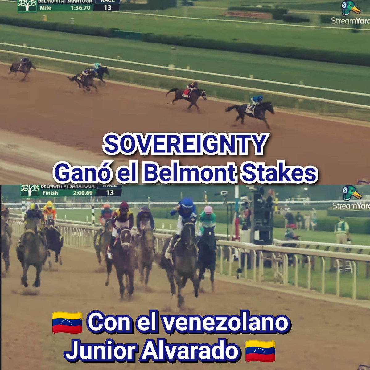 SOVEREIGNTY ganó el BELMONT STAKES 2025
Con el venezolano JUNIOR ALVARADO 🇻🇪
Confieso que lo ligué hasta con los dedos de los pies.
Doble coronado al  ganar también el KENTUCKY DERBY 2025.
(no participó en el Preakness STAKES)