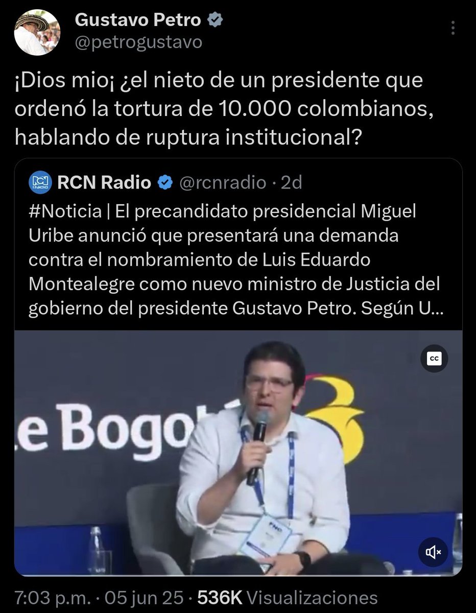 Horas antes del intento de asesinato a Miguel Uribe, el presidente Petro acusó a su familia de haber torturado a 10.000 colombianos.