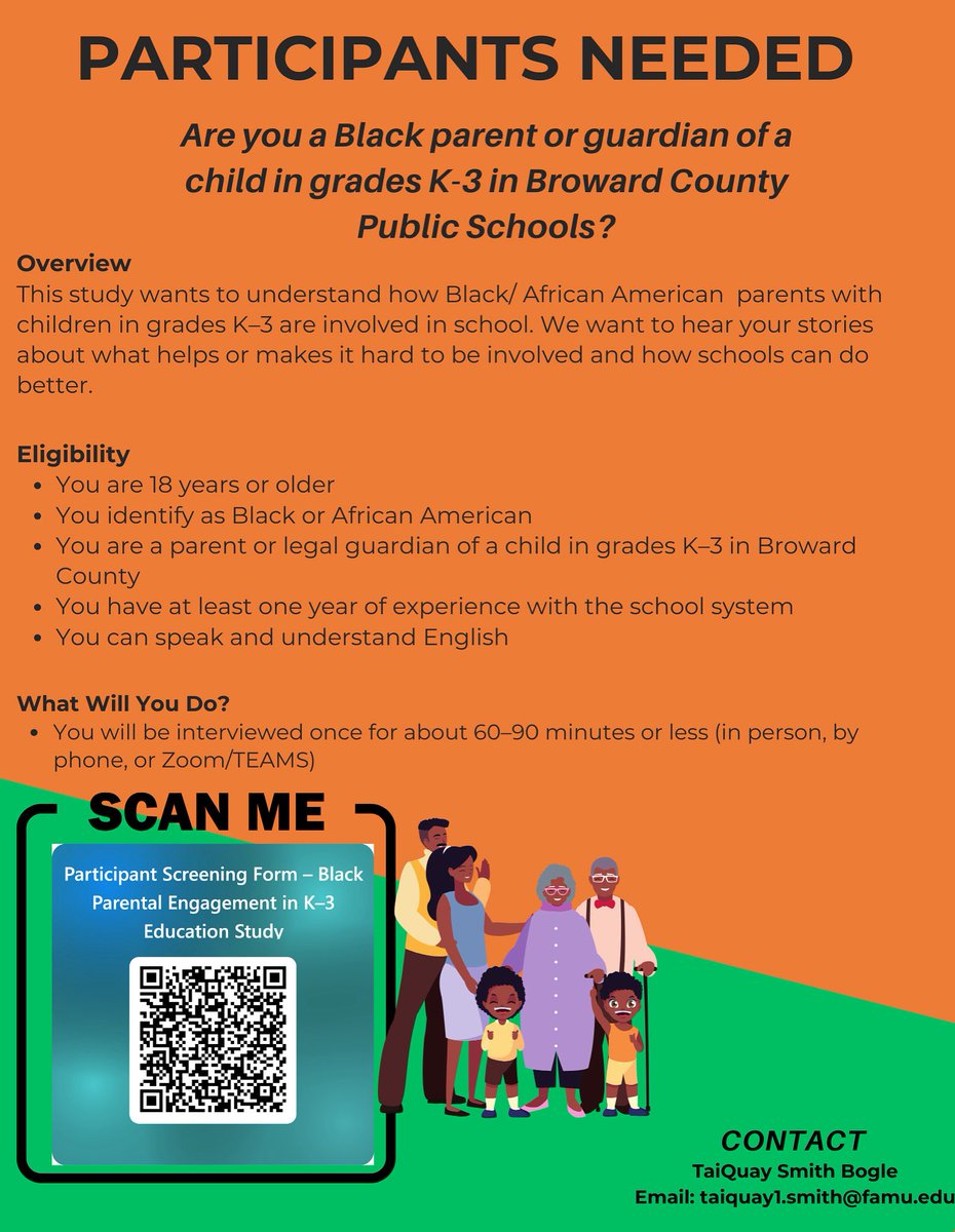 T. Bogle, M.3D (@bogle_med) on Twitter photo 🎤 One interview
🕒 60 to 90 minutes
📍 Zoom, phone, or in person
💬 Share your experience.
Please complete: forms.office.com/r/F2nMyyzV5x
or email mailto:taiquay1.smith@famu.edu if you are interested. 🎤 One interview
🕒 60 to 90 minutes
📍 Zoom, phone, or in person
💬 Share your experience.
Please complete: forms.office.com/r/F2nMyyzV5x
or email mailto:taiquay1.smith@famu.edu if you are interested.