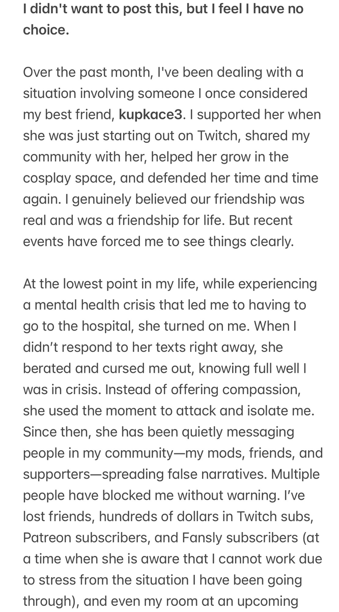 villanareittv's tweet photo. I’ve been trying to post as vaguely about this as possible, but it’s clear that she has no intention on stopping, so I have to be very clear.  This is a post about kupkace3 attempting to destroy my name and all I have built for myself. I won’t stay silent about this. https://t.co/MBXDj3txFb