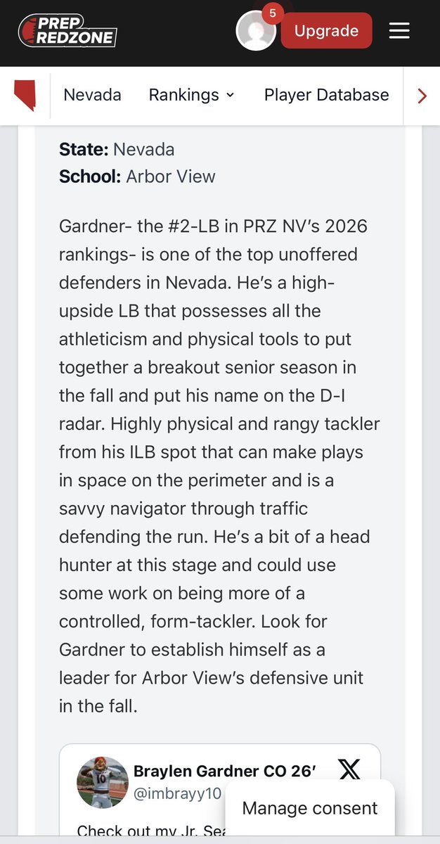 Braylen Gardner CO 26โ (@imbrayy10) on Twitter photo Thanks to <a href="/PrepRedzoneNV/">Prep Redzone Nevada</a> for the recognition and write up๐ค๐ฝ
<a href="/aggiefootball05/">Arbor View Football ๐</a> <a href="/CoachCollins46/">Stacy Collins</a> <a href="/247Sports/">247Sports</a> <a href="/PrepRedzone/">Prep Redzone ๐</a> Thanks to <a href="/PrepRedzoneNV/">Prep Redzone Nevada</a> for the recognition and write up๐ค๐ฝ
<a href="/aggiefootball05/">Arbor View Football ๐</a> <a href="/CoachCollins46/">Stacy Collins</a> <a href="/247Sports/">247Sports</a> <a href="/PrepRedzone/">Prep Redzone ๐</a>