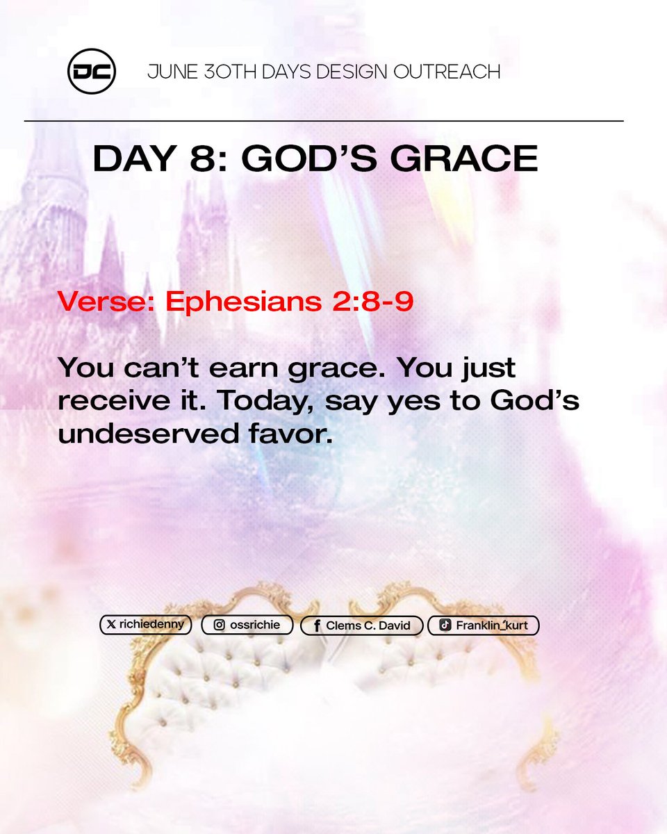 clemsdavidc's tweet image. DAY 8: GOD’S GRACE
 You can’t hustle for grace. You can’t buy it. You can’t work hard enough for it. Ephesians 2:8-9
Grace is a GIFT—freely given by God.
Unmerited. Unearned. 
Say “YES” to God’s undeserved favor today. 💜
#GodsGrace #FaithThread #ChristianEncouragement #June