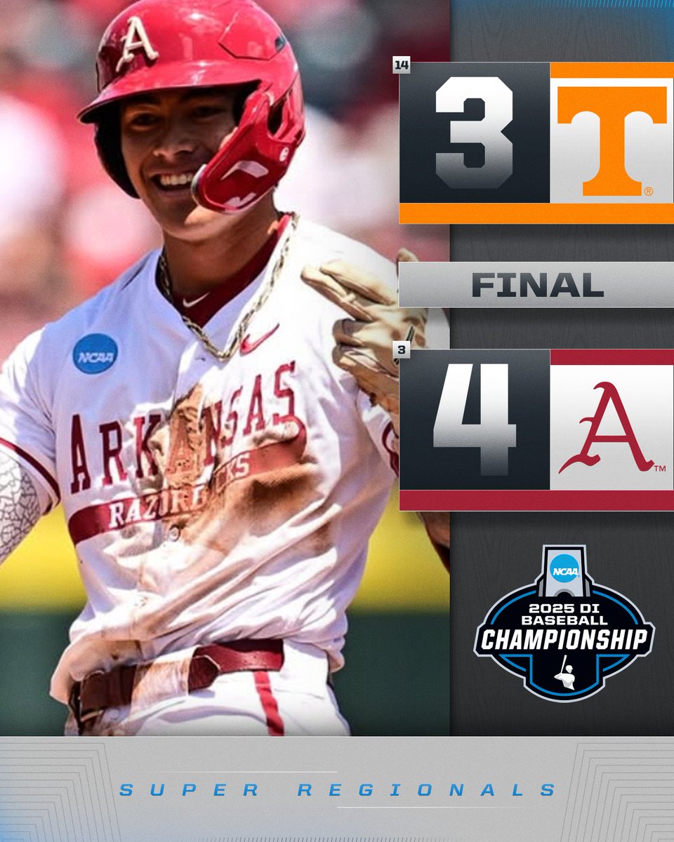 Hogs claim Game 1 🐗

(3) <a href="/RazorbackBSB/">Arkansas Baseball</a> defeats (14) Tennessee, 4-3, to take Game 1 of the series.

#RoadToOmaha