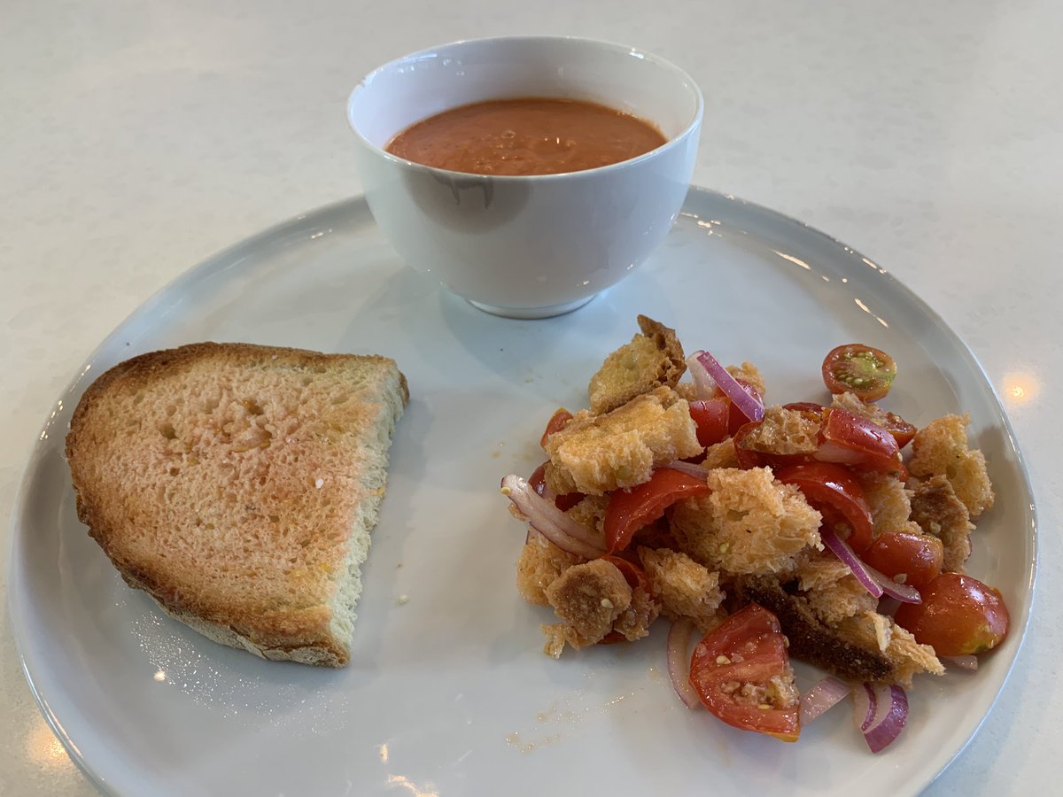 Tris of tomatoes and bread: gazpacho, panzanella, and pa amb tomàquet (before the olive oil).