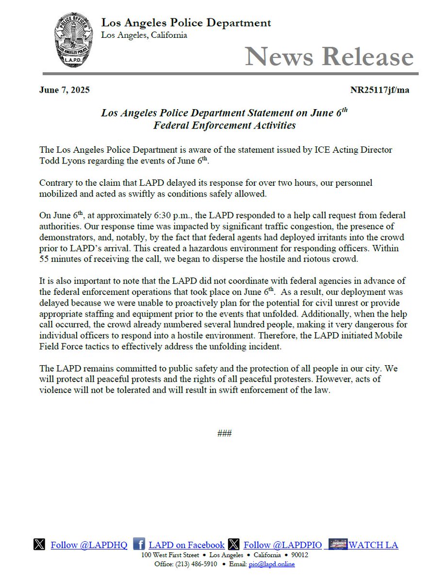 LAPD News: Los Angeles Police Department Statement on June 6th Federal Enforcement Activities
