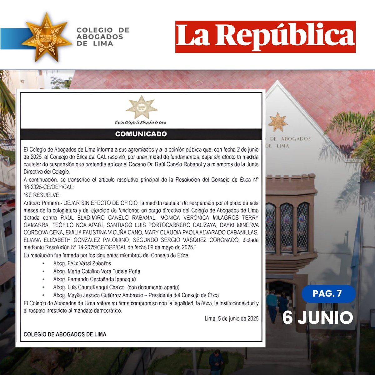 CALPERUOFICIAL's tweet photo. 🔵📢 #CALinforma | El Colegio de Abogados de Lima informa a la comunidad jurídica y a la opinión pública:
Compartimos los avisos publicados en los diarios La República (6 de junio, pág. 7) y El Peruano (7 de junio, pág. 5), donde se difunde oficialmente el comunicado del Consejo de Ética del CAL, que por unanimidad de fundamentos, resolvió dejar sin efecto y declarar nula la medida cautelar que pretendía suspender al Decano Dr. Raúl Canelo Rabanal y a miembros de su Junta Directiva.
Con esta resolución, se reafirma que la medida fue jurídicamente infundada y promovida por el exdirectivo Mauro Leandro Martín y otros personajes denunciados por esta gestión ante el Ministerio Público por presuntos delitos que afectan gravemente la institucionalidad del Colegio.
👉 En represalia, el referido Abog. Mauro Leandro Martín, ex director de Ética, intentó usurpar funciones autoproclamándose “decano encargado”, violando abiertamente el Estatuto del CAL y generando confusión entre los colegiados.
✅ Hoy, con esta decisión del Consejo de Ética, se ha restablecido plenamente el principio de legalidad, y el Decano Dr. Raúl Canelo Rabanal y su Junta Directiva continúan ejerciendo sus funciones de forma legítima y con el respaldo estatutario.
Seguimos firmes en defensa del Estado de Derecho y de la transparencia institucional.
#CALtransparente #ConsejoDeÉtica #RaúlCanelo #DefensaGremial #Legalidad #LaVerdadPrevalece
