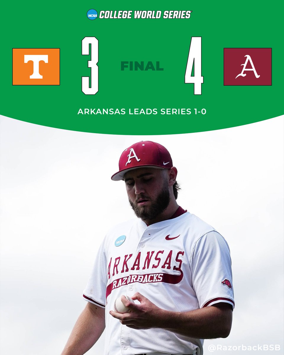 FINAL
Tennessee: 3
Arkansas: 4

The Arkansas combo of Root/Gaeckle shines as they allow just two hits on the day en route to a 1-0 series lead for the Hogs.

📸: <a href="/RazorbackBSB/">Arkansas Baseball</a>