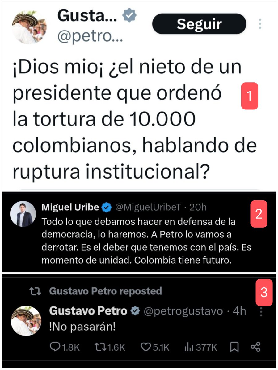 ojocolombia2026's tweet photo. 🇨🇴 Así fue la cronología de mensajes entre PETRO y MIGUEL URIBE 

4 horas después del último mensaje de PETRO " NO PASARÁN"

MIGUEL URIBE recibe 5 disparos en la cabeza.

Que opina ❓ https://t.co/tMxhs5NYyF