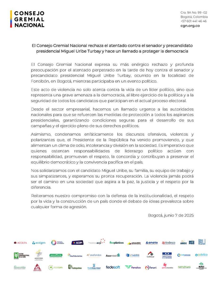 Consejo Gremial (@consejogremial) on Twitter photo El <a href="/ConsejoGremial/">Consejo Gremial</a> rechaza el atentado contra el senador y precandidato presidencial Miguel Uribe Turbay y hace un llamado a proteger la democracia El <a href="/ConsejoGremial/">Consejo Gremial</a> rechaza el atentado contra el senador y precandidato presidencial Miguel Uribe Turbay y hace un llamado a proteger la democracia