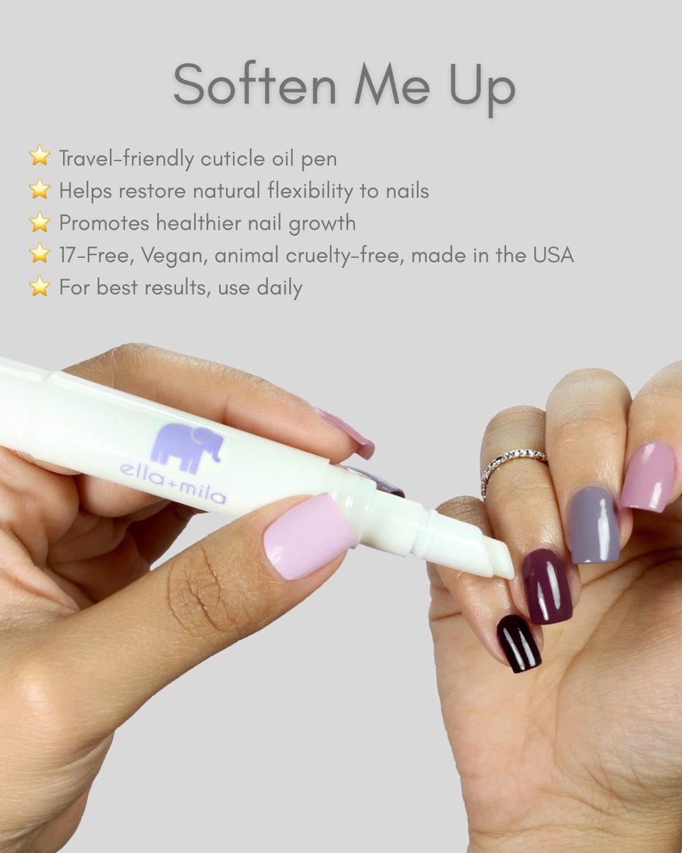 Why our cuticle oil pen is a game-changer:
✨ It's travel-friendly and easy to use
✨ Contains Vitamin E that promotes healthier nail growth
✨ 17-Free, Vegan, animal cruelty-free, made in the USA

#ellamila #nailcare #cuticleoil #nailtips #cleanbeauty