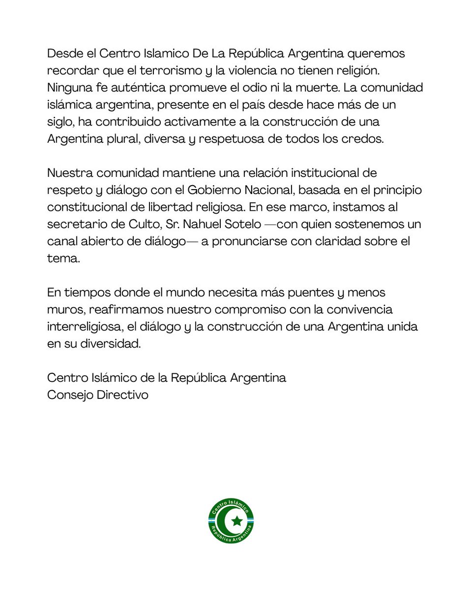 Comunicado del Centro Islámico de la República Argentina en repudio de los dichos del funcionario del Gobierno Nacional, Lucas Luna.