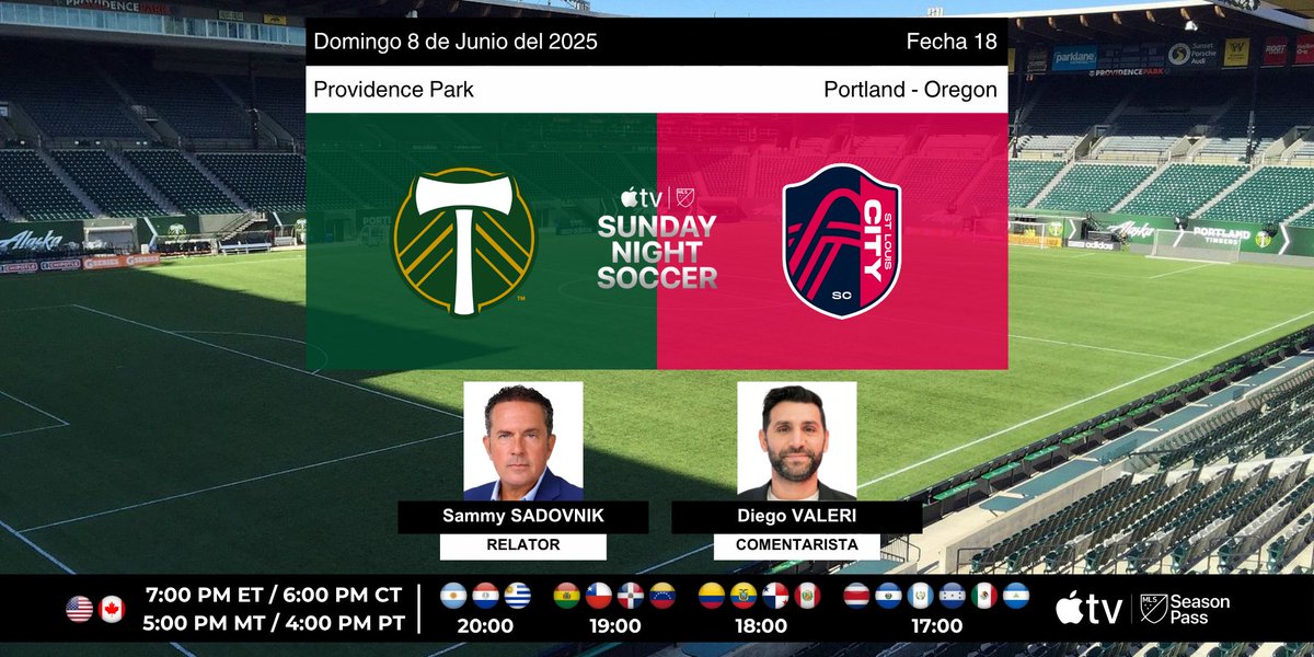 Programación US (@programacionus) on Twitter photo ⚽️ #MLS 🇺🇸 | FECHA 18
Portland Timbers vs. St. Louis City SC
🎙️Relator: <a href="/sadovnik1965/">Sammy Sadovnik</a>
🎙️Comentarista: <a href="/DiegoDv8/">Diego Valeri</a>
💻📱MLS Season Pass en <a href="/AppleTV/">Apple TV</a>
💻📱<a href="/AppleTV/">Apple TV</a> Plus
#MLSSeasonPass #SundayNightSoccer ⚽️ #MLS 🇺🇸 | FECHA 18
Portland Timbers vs. St. Louis City SC
🎙️Relator: <a href="/sadovnik1965/">Sammy Sadovnik</a>
🎙️Comentarista: <a href="/DiegoDv8/">Diego Valeri</a>
💻📱MLS Season Pass en <a href="/AppleTV/">Apple TV</a>
💻📱<a href="/AppleTV/">Apple TV</a> Plus
#MLSSeasonPass #SundayNightSoccer