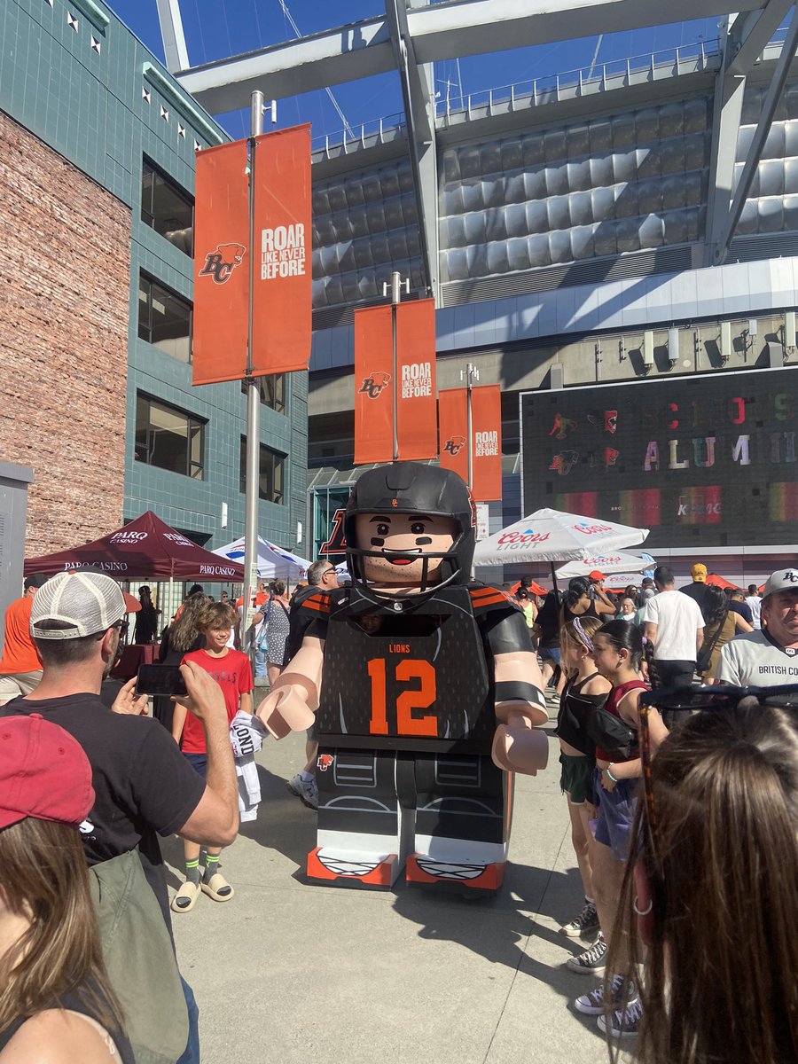 The crowd is bumping pre-game outside BC Place but the star of the festivities might just be the duo in the two-person, giant Lego Nathan Rourke costume. Everyone wants a picture.

#CFL #BCLions #RoarAsOne