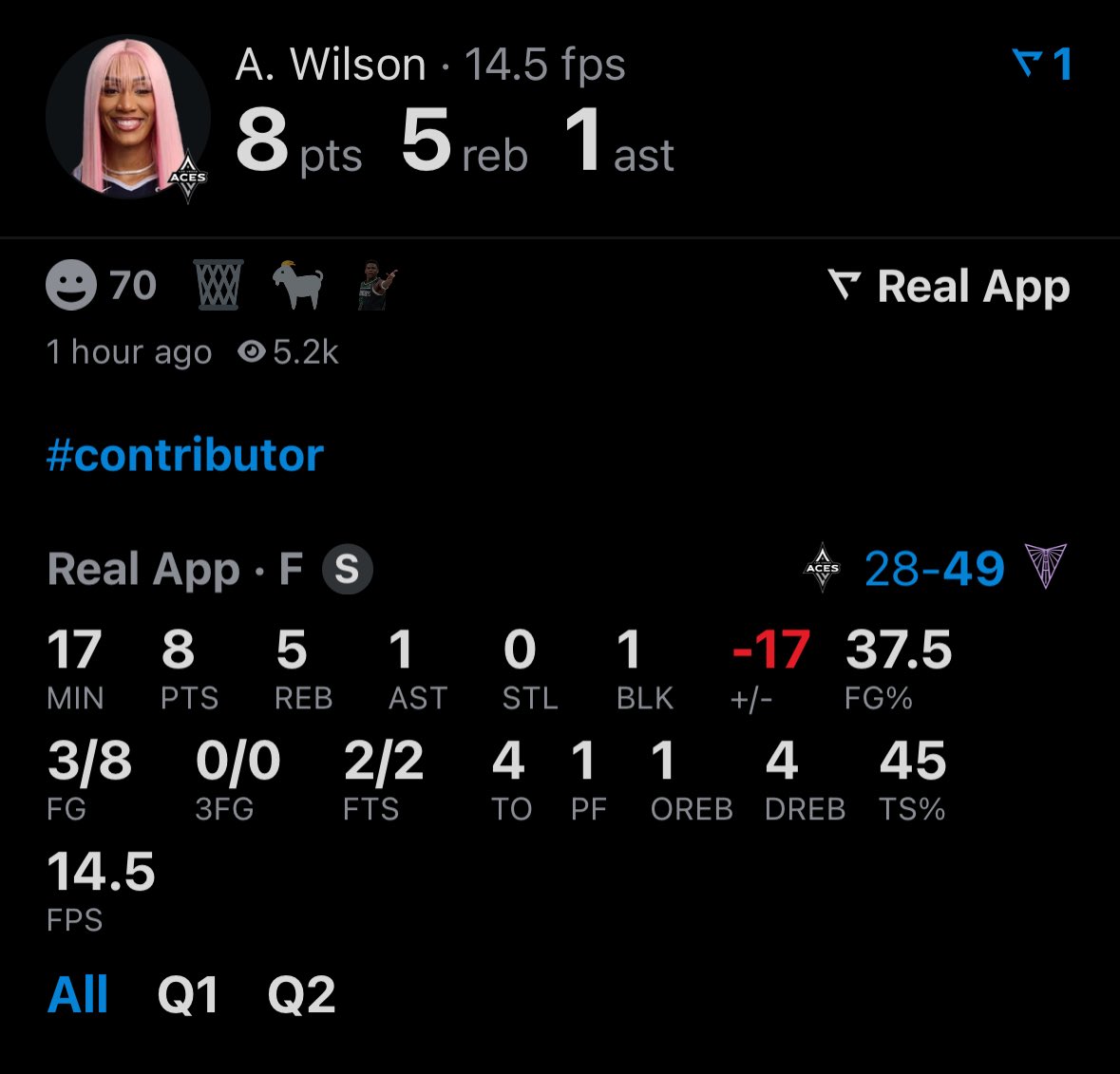 alwaysssaugtss's tweet image. At halftime, A’ja Wilson is grinding on both ends 💪💯

📊 8 PTS | 5 REB | 1 AST | 1 BLK
💥 3/8 FG | 2/2 FT
She’s keeping the energy alive despite the early struggle 🏀🔥

#AjaWilson #HalftimeHustle #Contributor #WNBA #Aces ♠️⛹️‍♀️✨