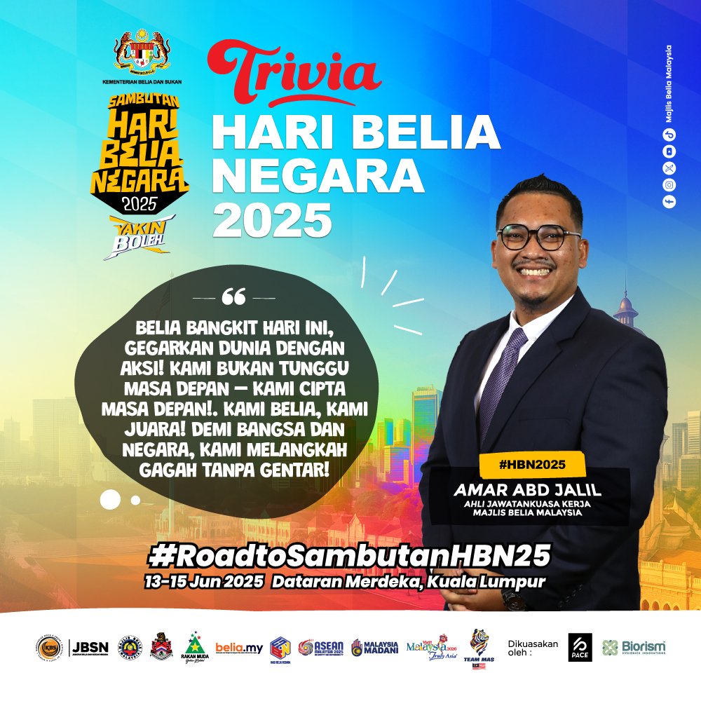 📣 #RoadtoSambutanHBN25 💥🔥 

🚨 Ada event terbesar berlaku bulan ini. Sambutan Hari Belia Negara 2025 bakal tiba tidak lama lagi! 

‼️ Lock tarikh ini :
📆 13-15 Jun 2025
📍 Dataran Merdeka, Kuala Lumpur
 
🇲🇾 Belia Malaysia, masa kita dah sampai! Jom turun ramai2 &amp; gegarkan